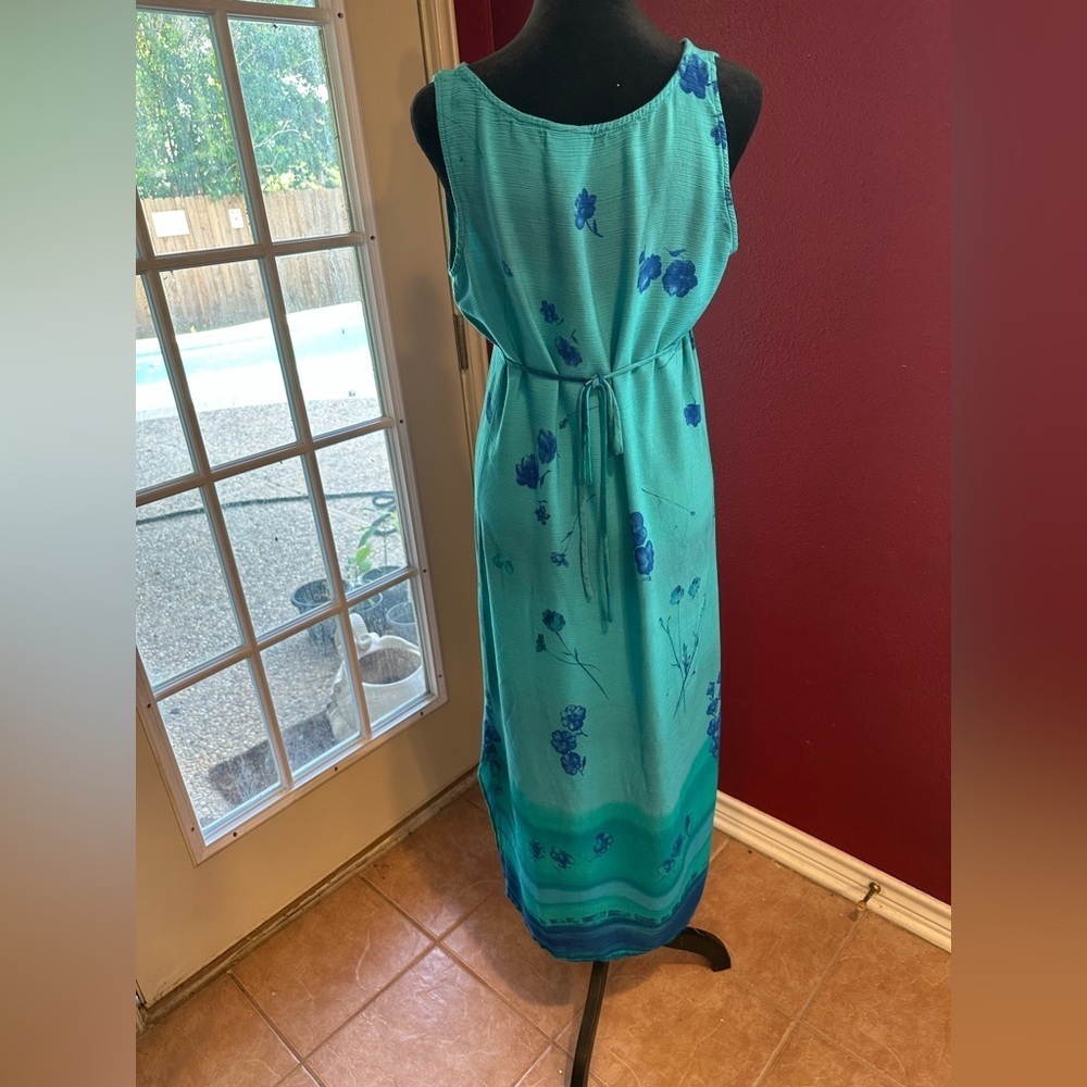 Vintage Koret Petites Sleeveless Floral Maxi Dress Blue Teal Summer Resort M - Picture 2 of 7